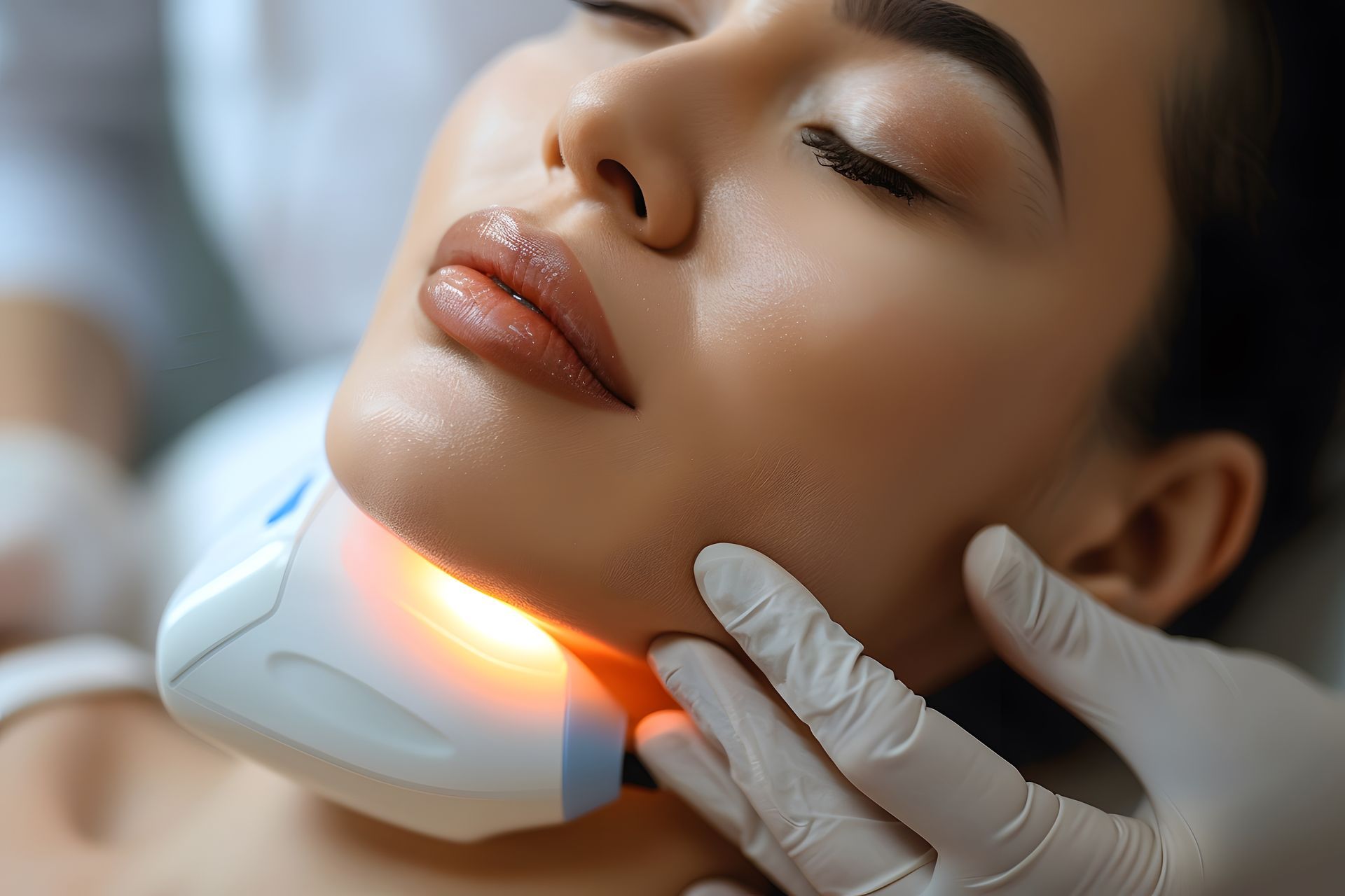 A woman is getting a laser treatment on her face.