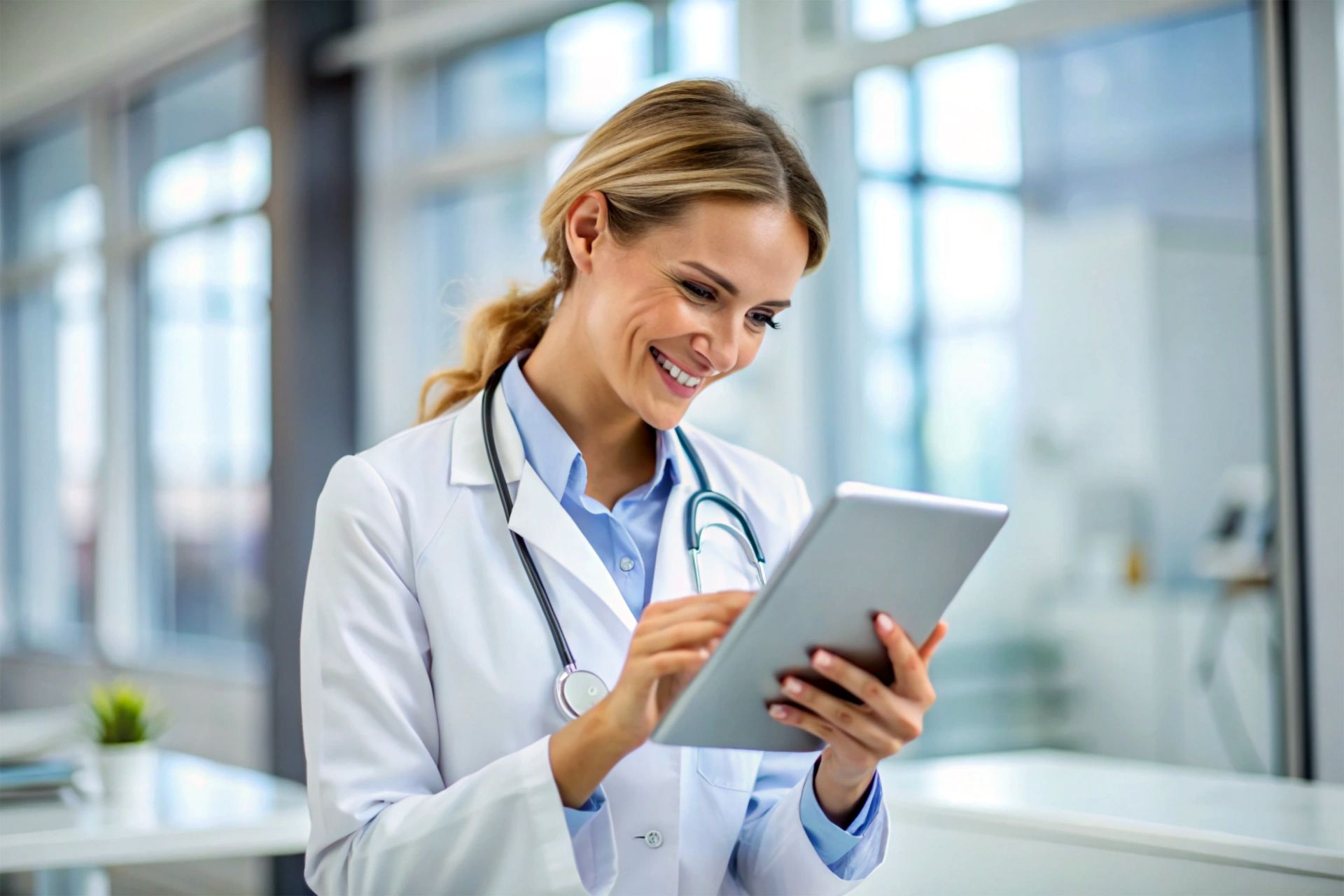 A doctor is standing in front of a blue house holding a clipboard.