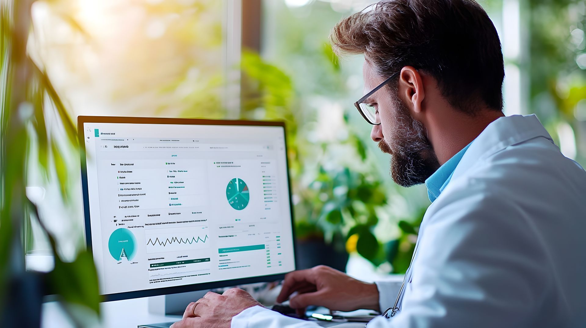 A man in a lab coat is looking at a computer screen.