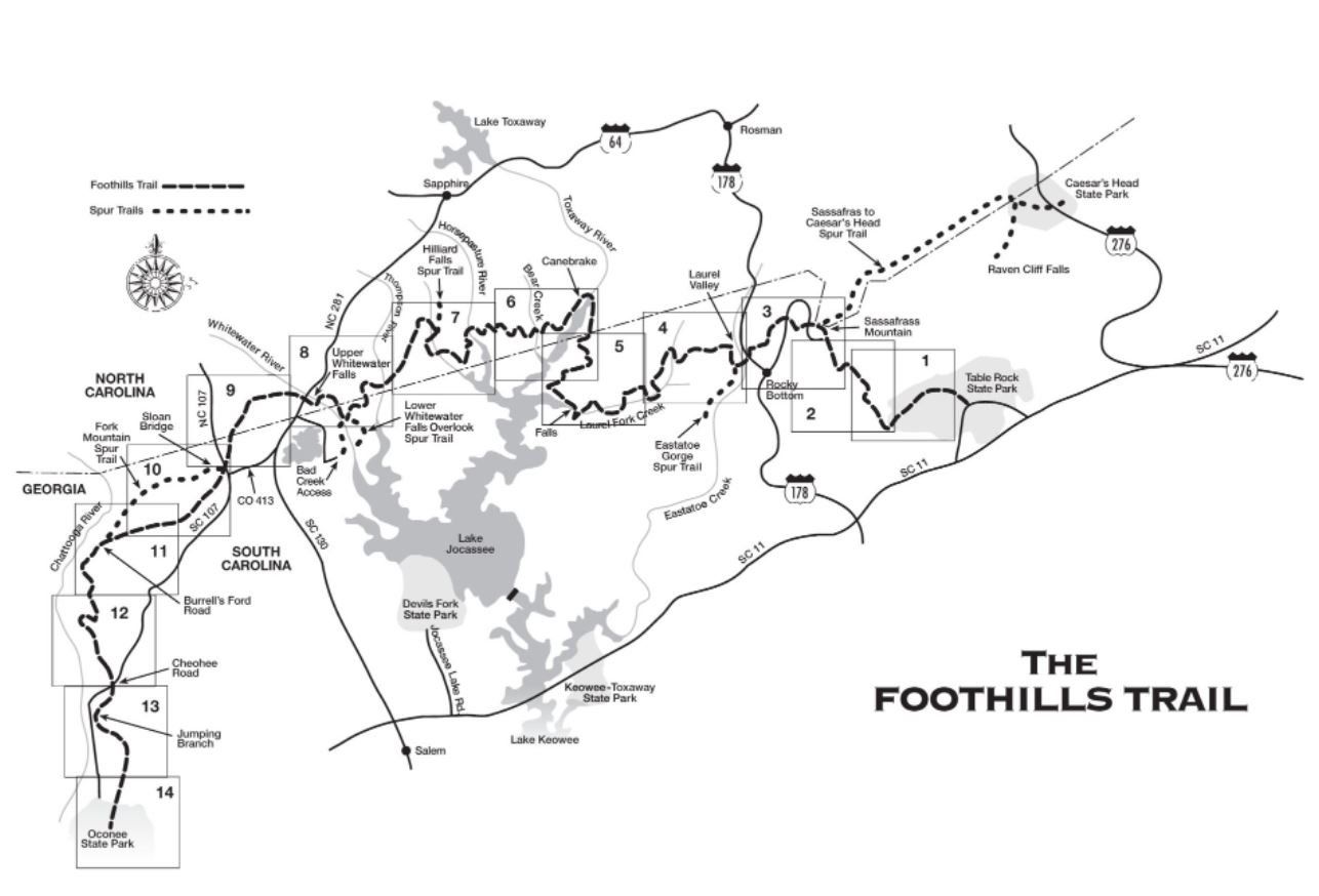 a black and white map of the foothills trail