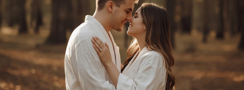 Couple wrapped in a gray blanket, smiling, standing outdoors.