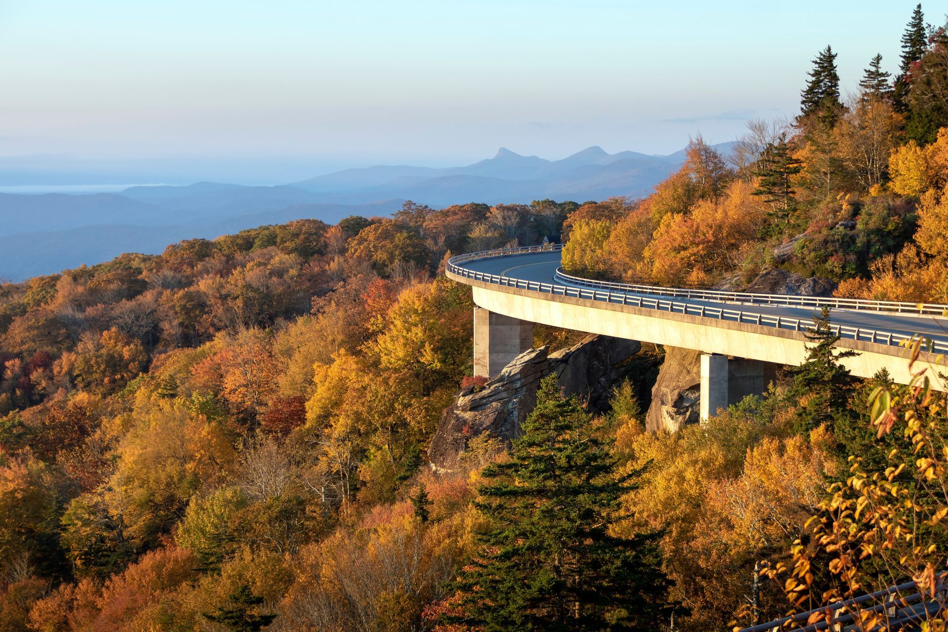A highway going through a forest with mountains in the background