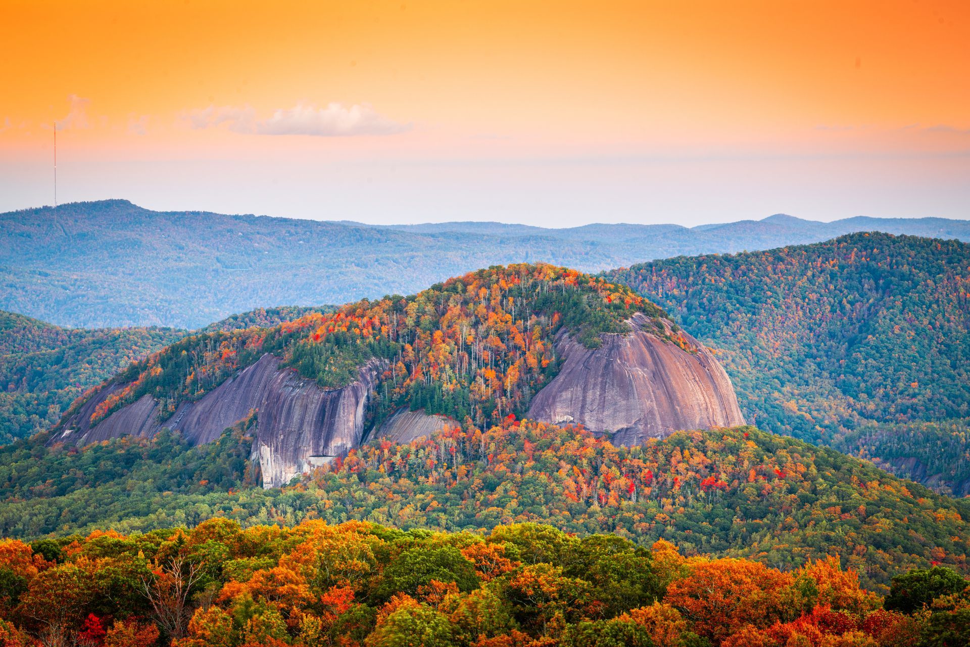 A mountain covered in trees with a sunset in the background.