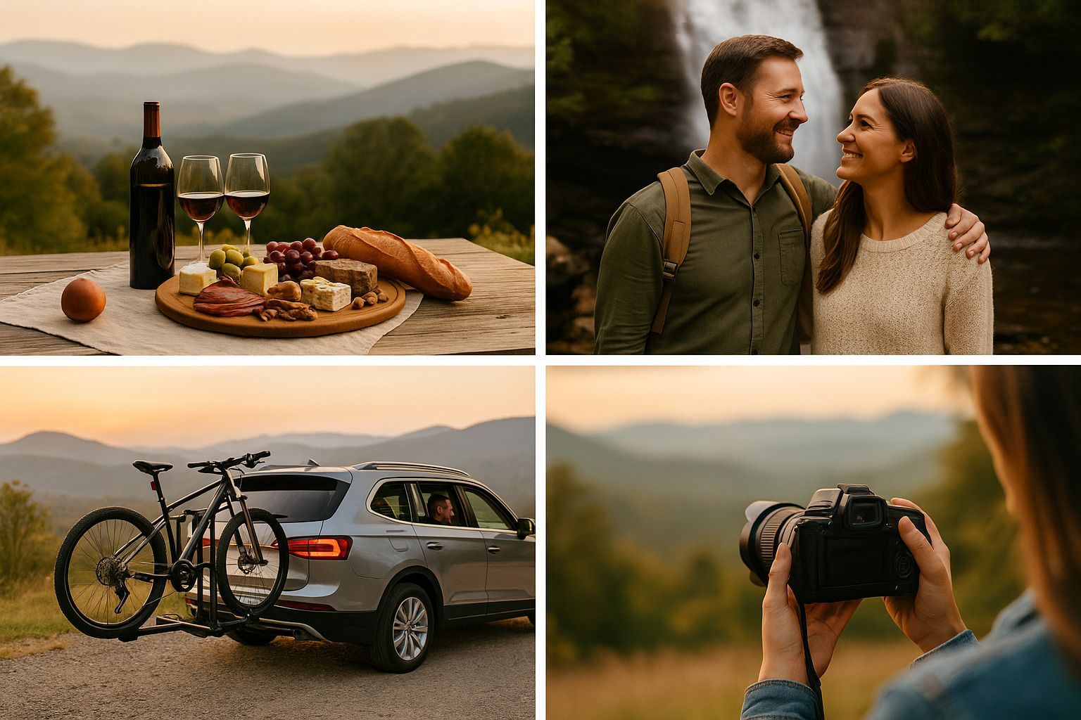 Picnic with wine and food, couple by waterfall, car with bike rack, person taking photos in nature.