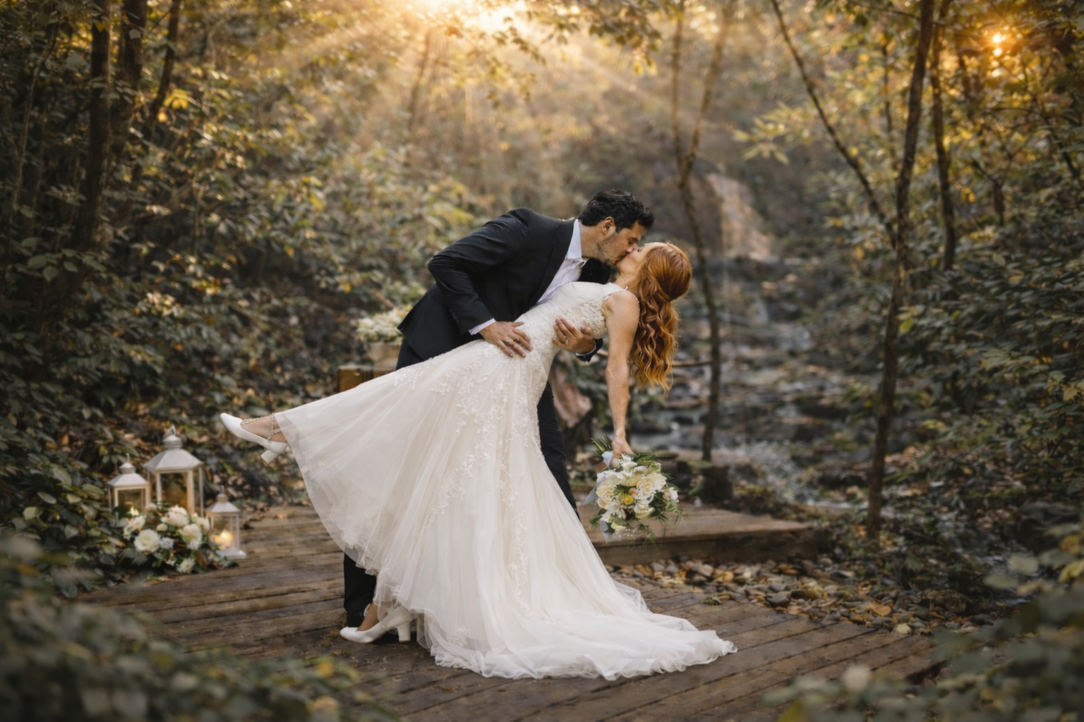 A group of people are hiking in the woods.