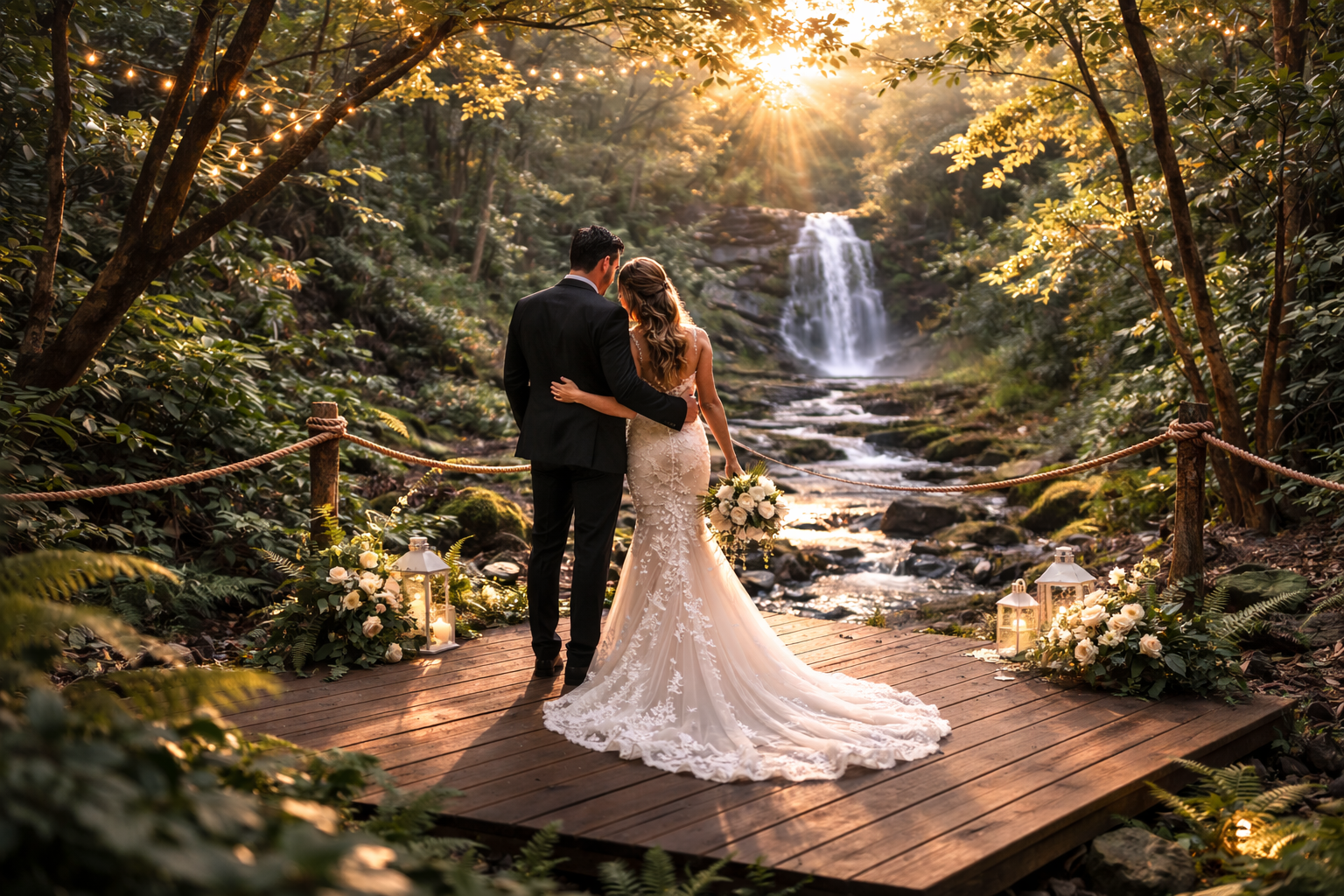 Couple in wedding attire embrace on a wooden bridge, looking at a waterfall in a sunlit forest.