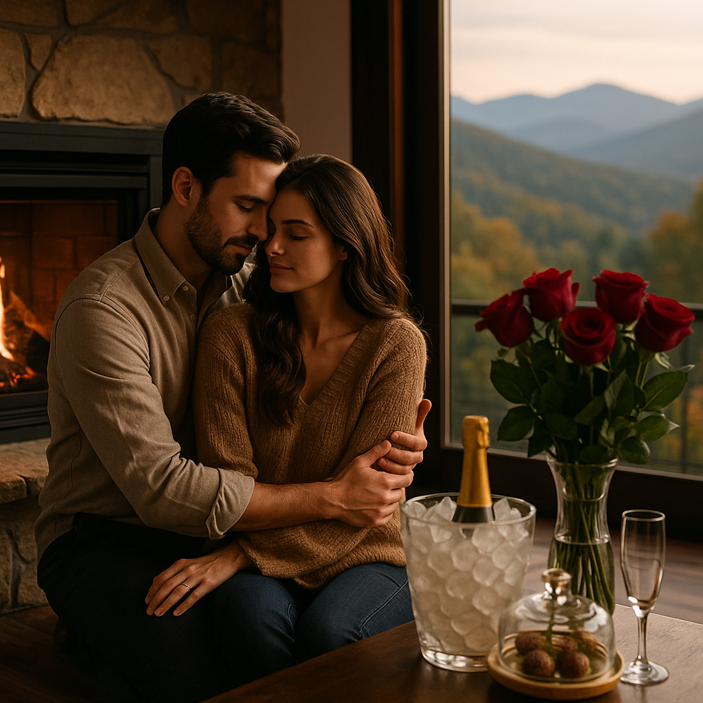 Couple embraces by fireplace with roses, champagne, and mountain view.