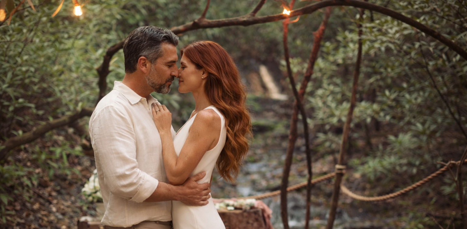 Couple kissing, bride in a white dress, groom in a suit, in a forest setting with sunlight.