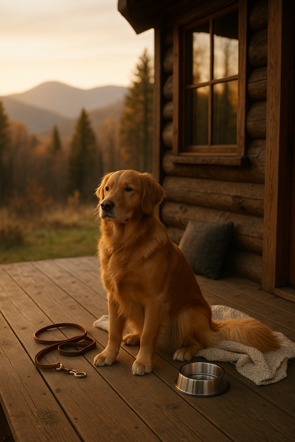 Golden retriever sits on porch of log cabin, mountains in the background at sunset.