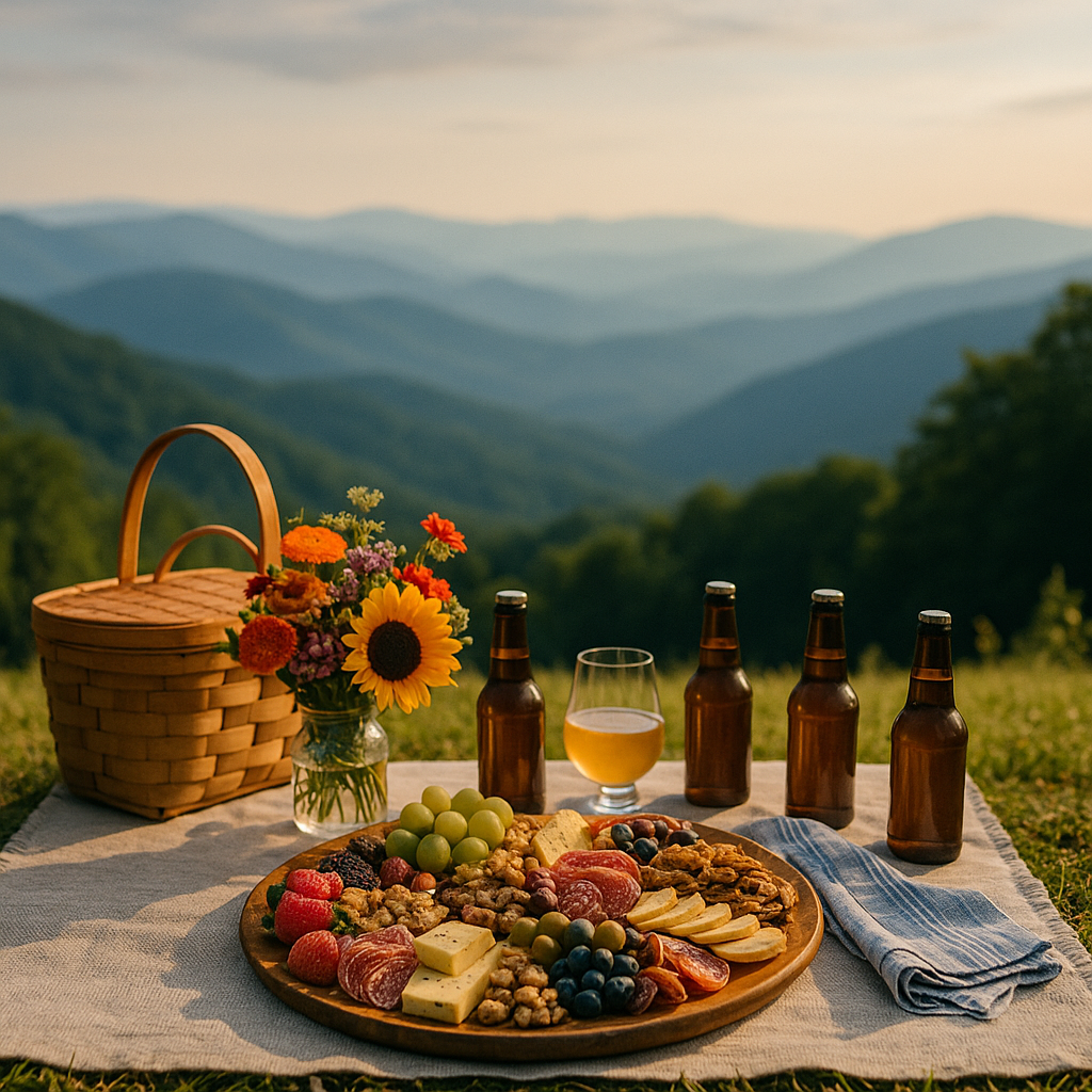 Picnic with food, beer, and flowers on a blanket overlooking layered mountains at sunset.