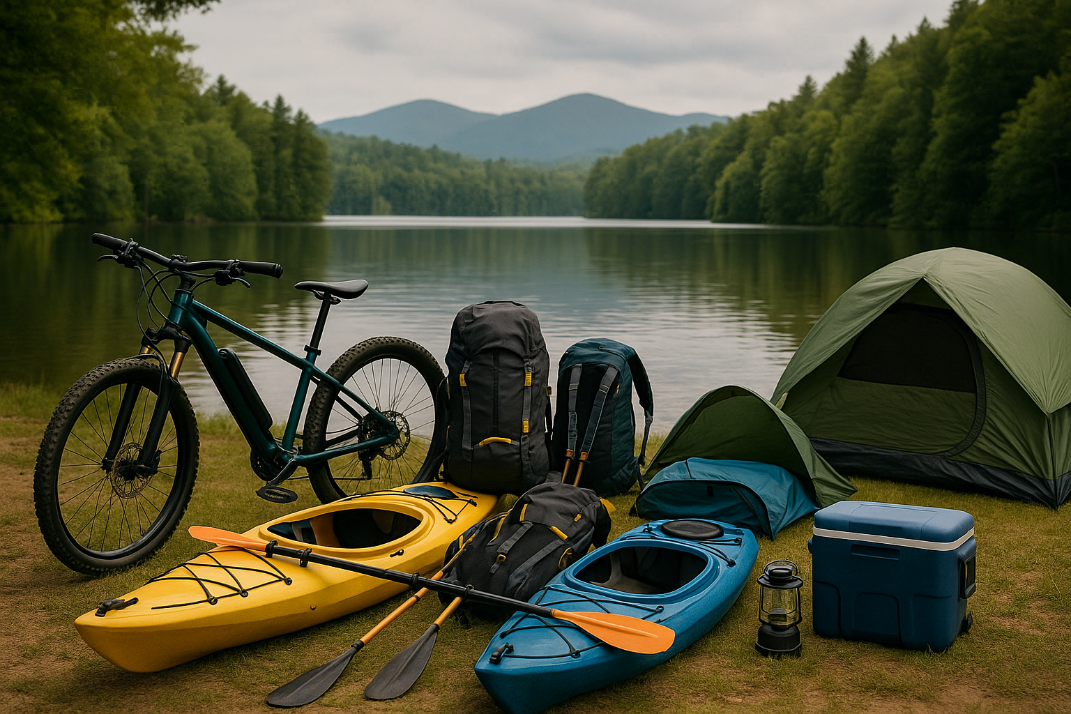 Camping gear, including kayaks, tent, and bike, sits lakeside with mountains in the background.