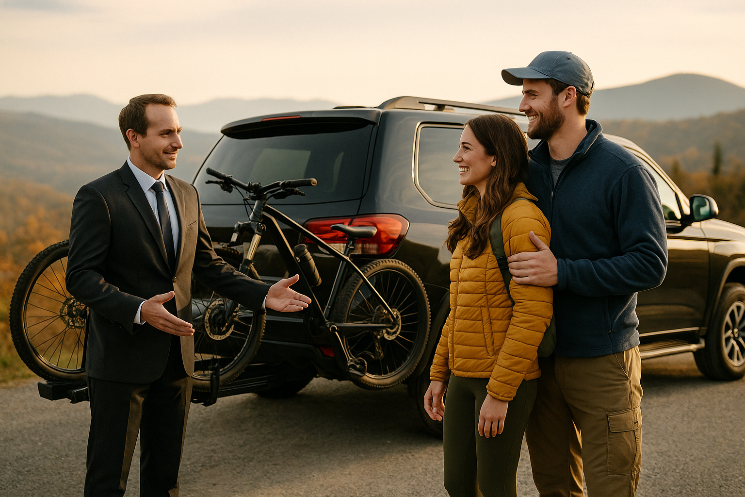 Car salesman shows SUV with bikes to smiling couple in mountain setting.