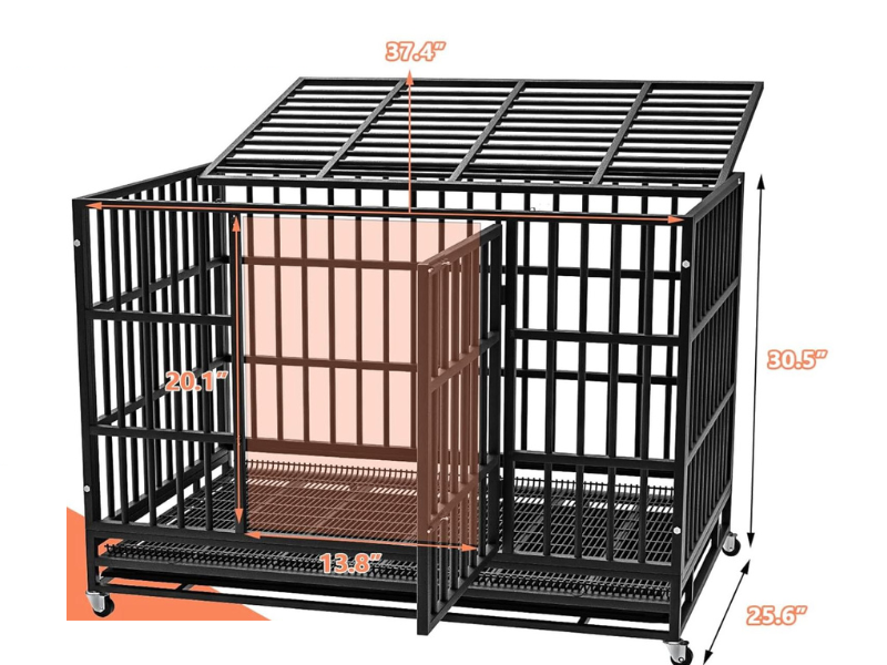 A large metal dog cage with wheels and measurements on a white background.