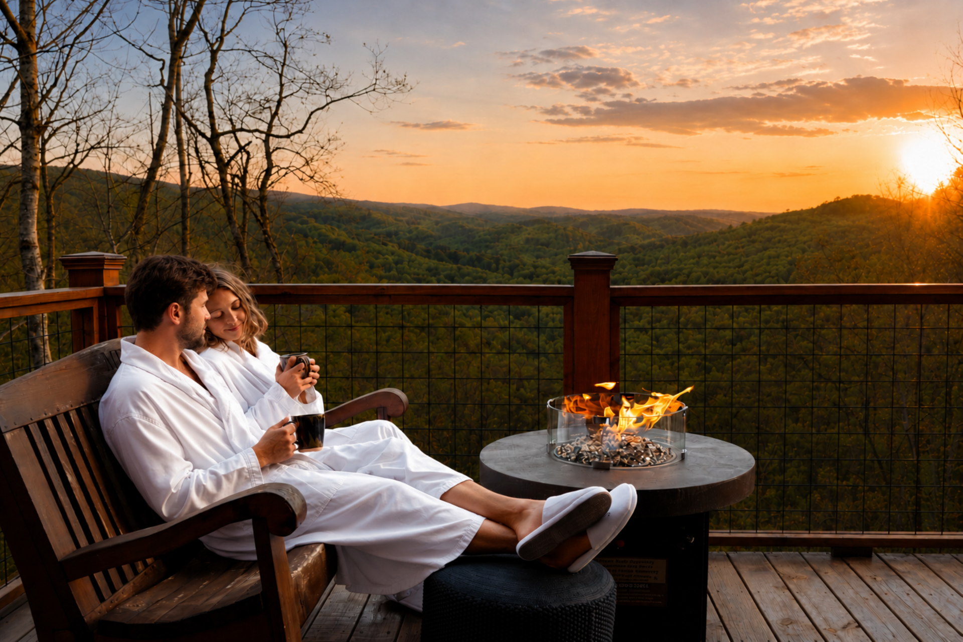 Cozy bedroom with bed, tray of spa items, two white robes, and a stone wall backdrop.