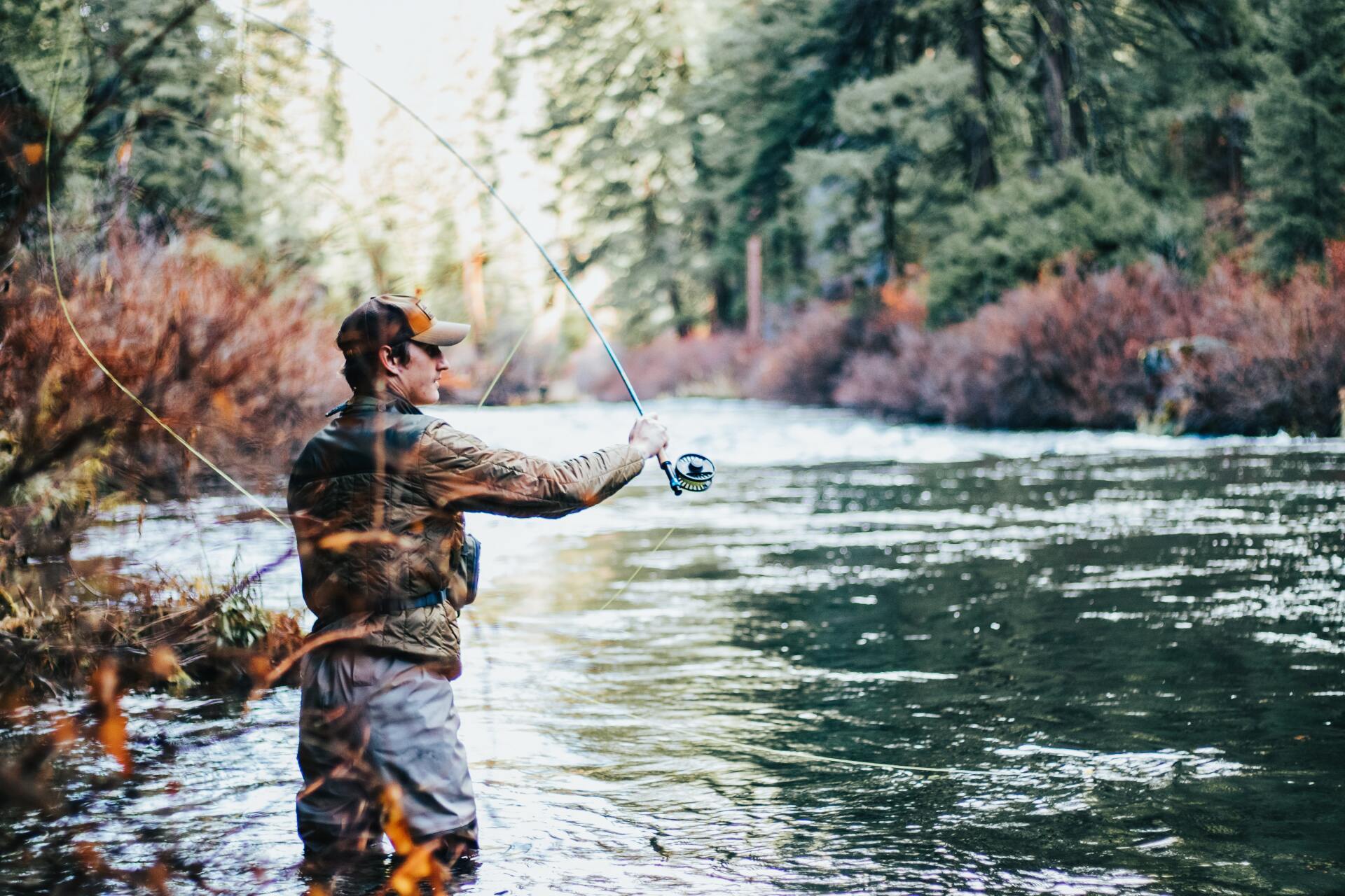 a man is fishing in a river in the woods .