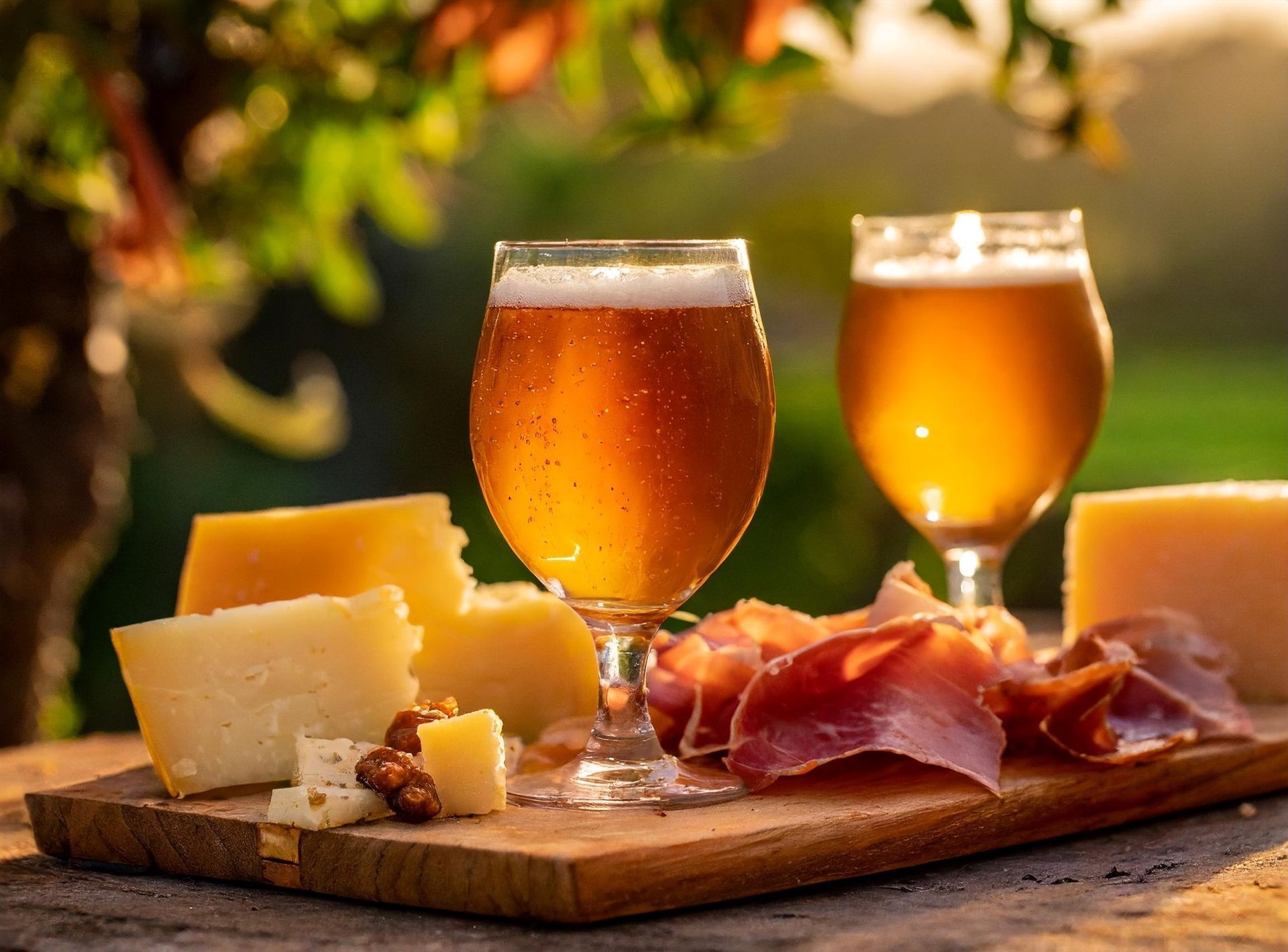 Two beer glasses with cheese, meat, and walnuts on a wooden board outdoors.