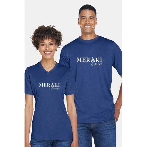 Two people wearing matching blue t-shirts with