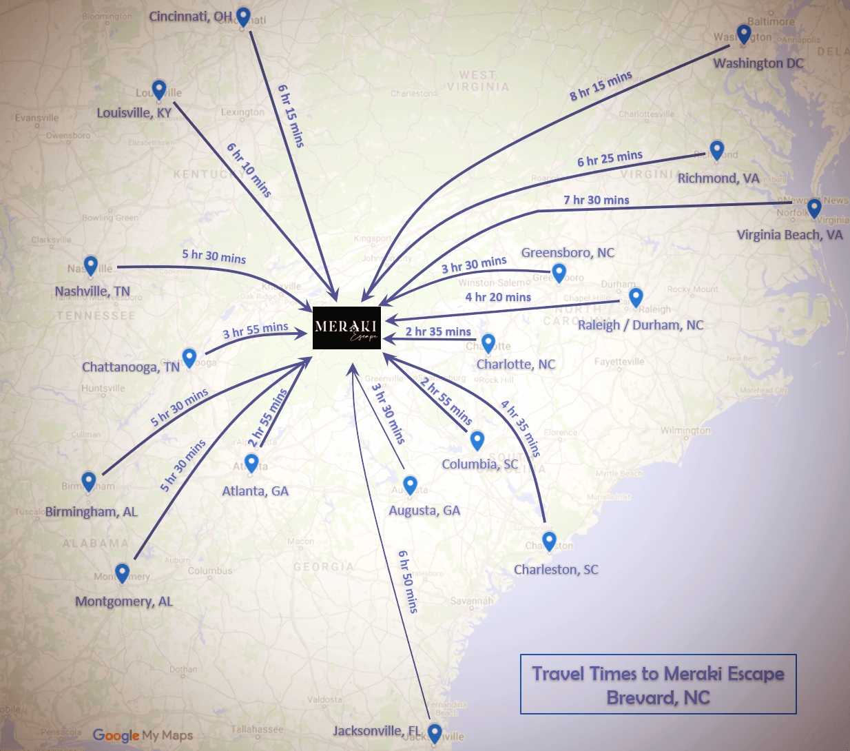 a map showing the travel times to marble escape in nc