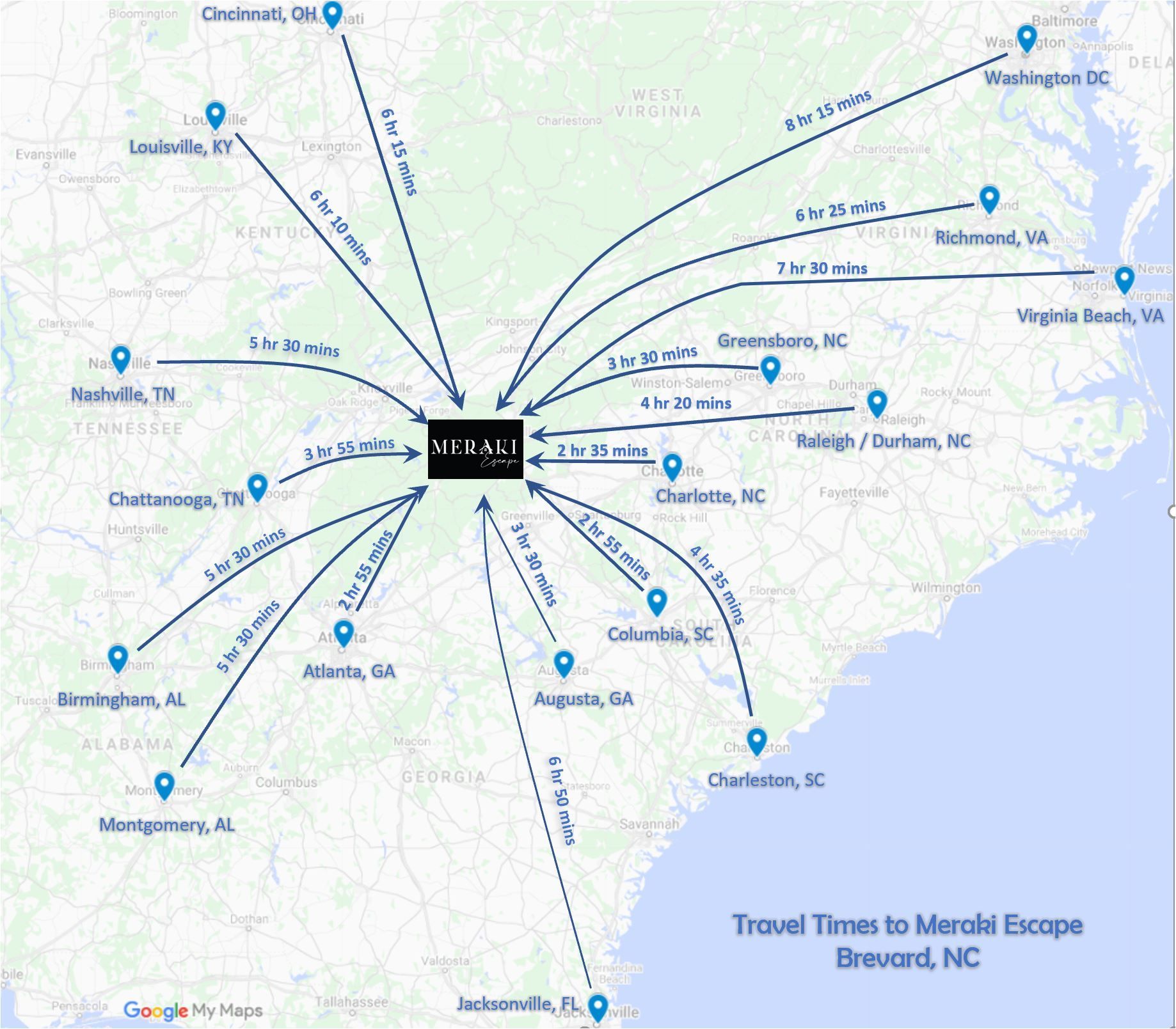 A map showing travel times to merlot escape brewing nc