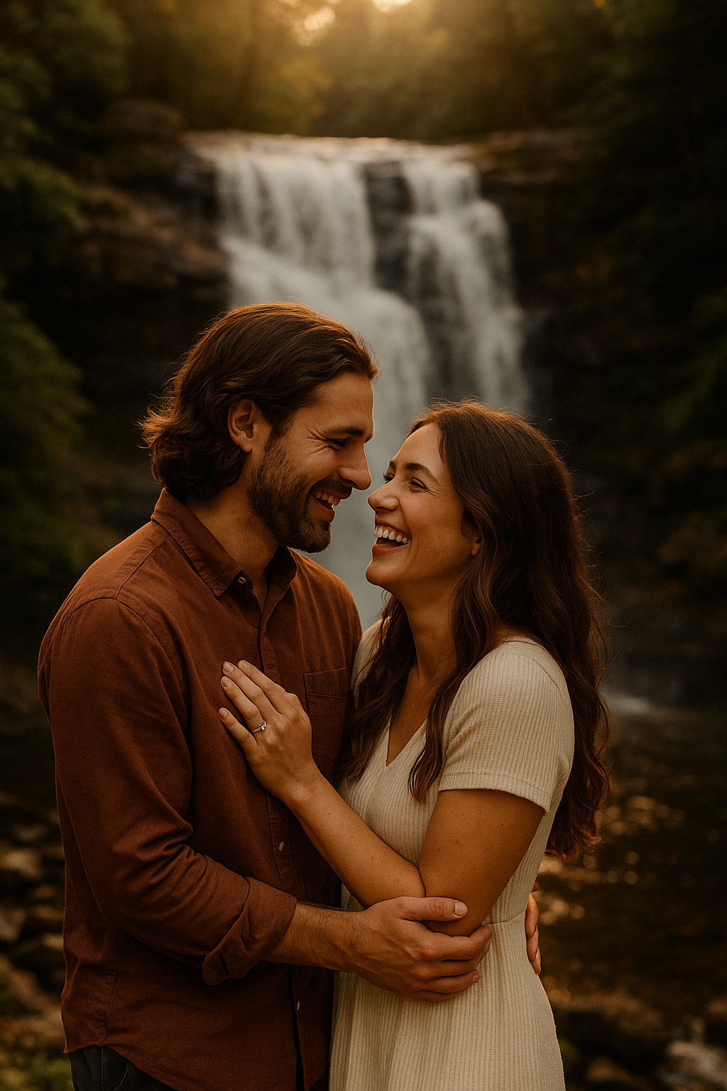 Couple laughing, embracing in front of a waterfall. Man in brown shirt, woman in cream dress.