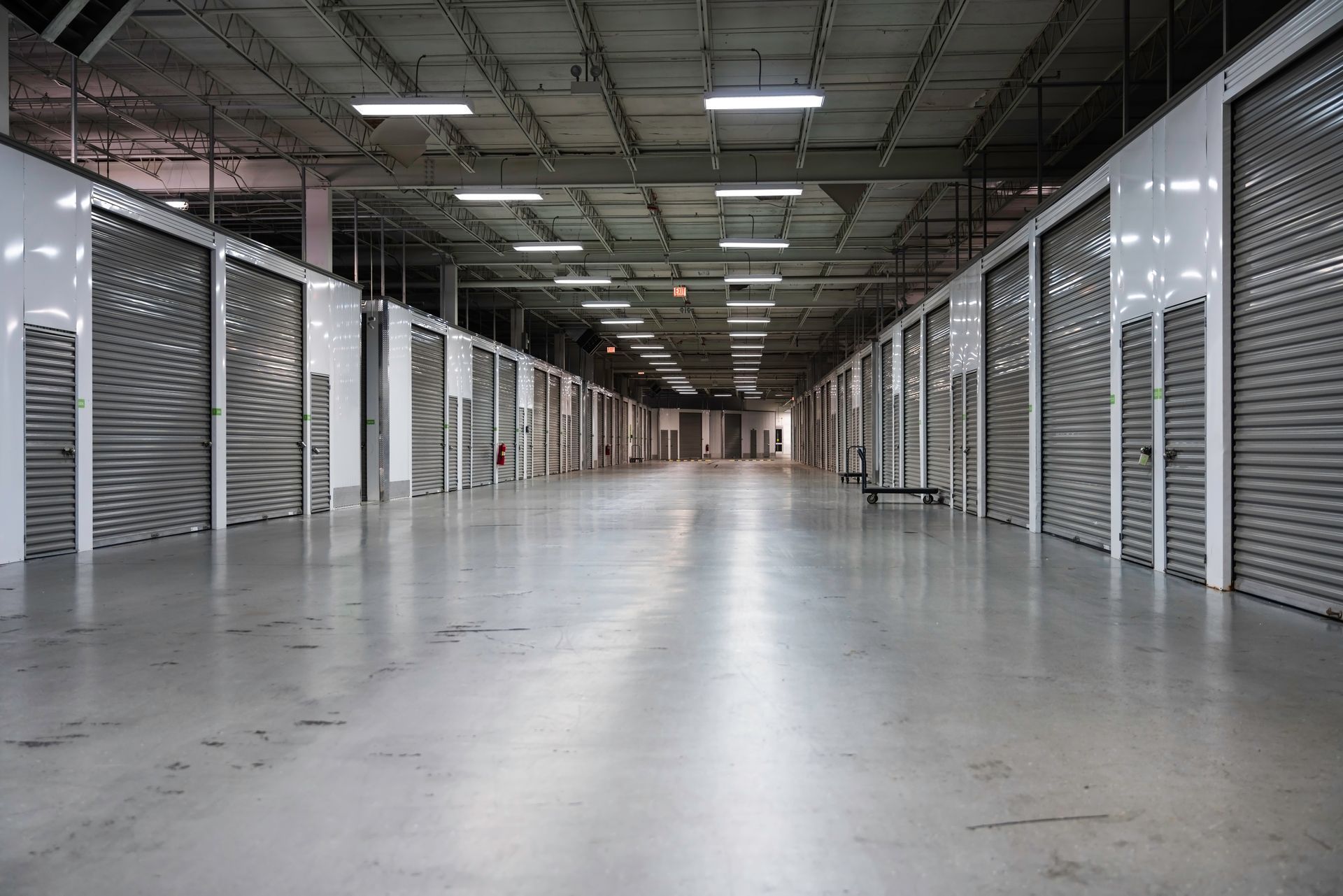 Interior of a storage facility with rows of closed metal doors, concrete floor, and fluorescent lighting.