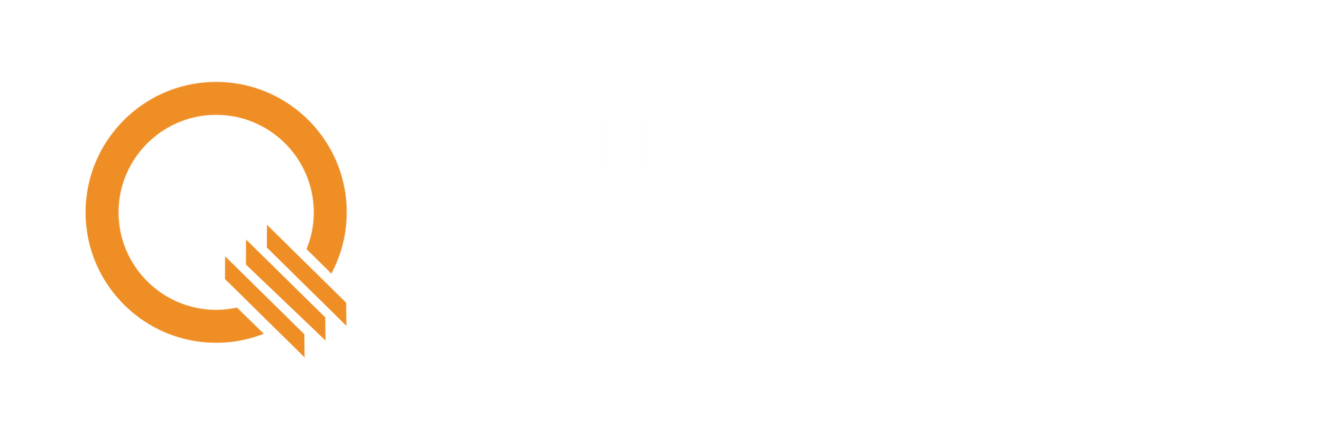 Orange letter Q with diagonal lines.