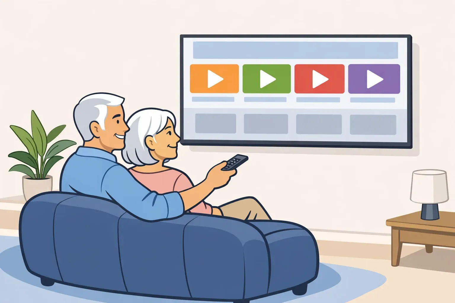 Two people sit on a blue couch, using a remote to navigate a TV screen displaying a menu with colorful video thumbnails.
