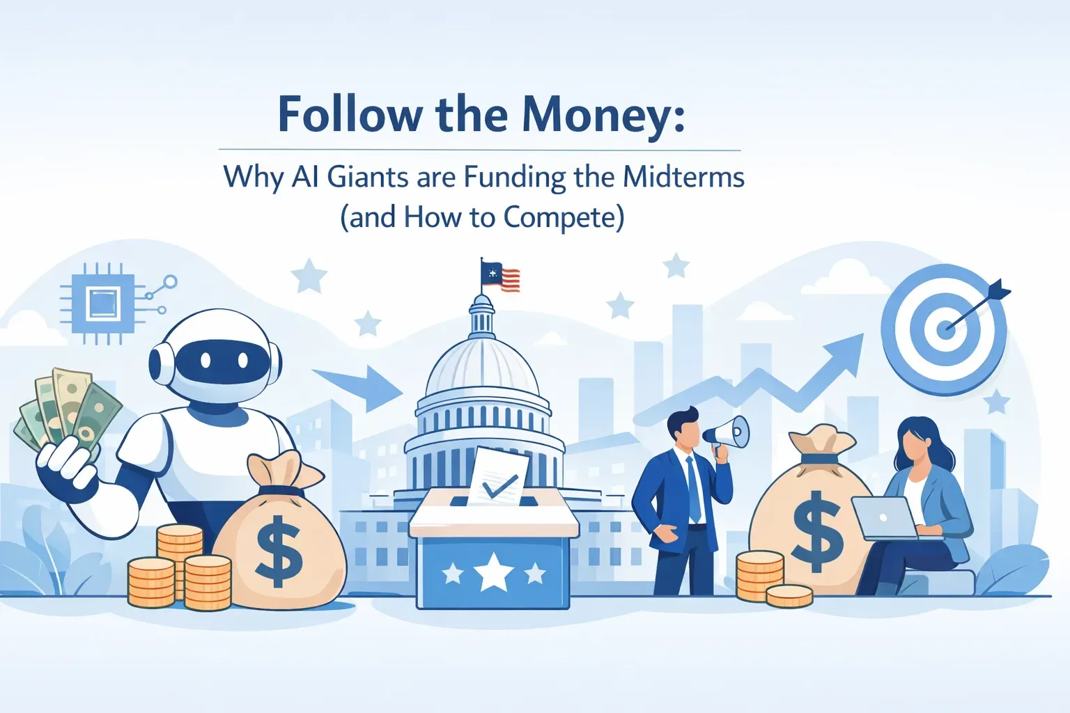 A graphic titled “Follow the Money” showing an AI robot and professionals with money bags near the U.S. Capitol building.