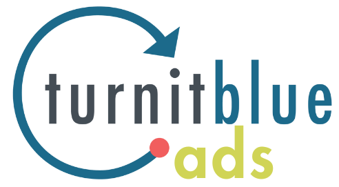 A logo for turn it blue ads with a blue arrow