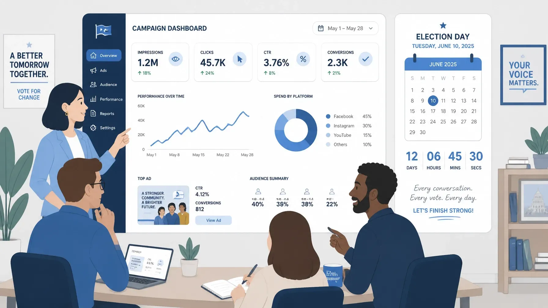 Team meeting around a large analytics dashboard in a modern office, with charts and data on screens.