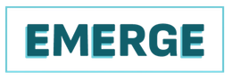 The word emerge is written in blue letters on a white background.