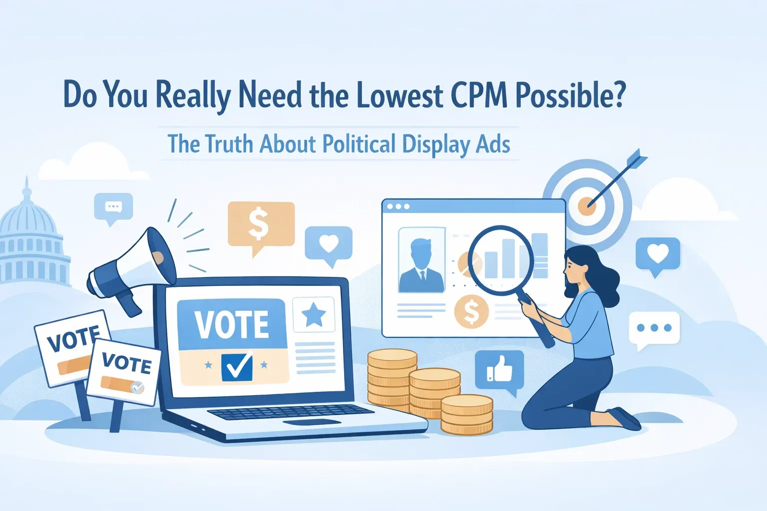 Illustration about political display ads. A person analyzes data near a computer displaying 