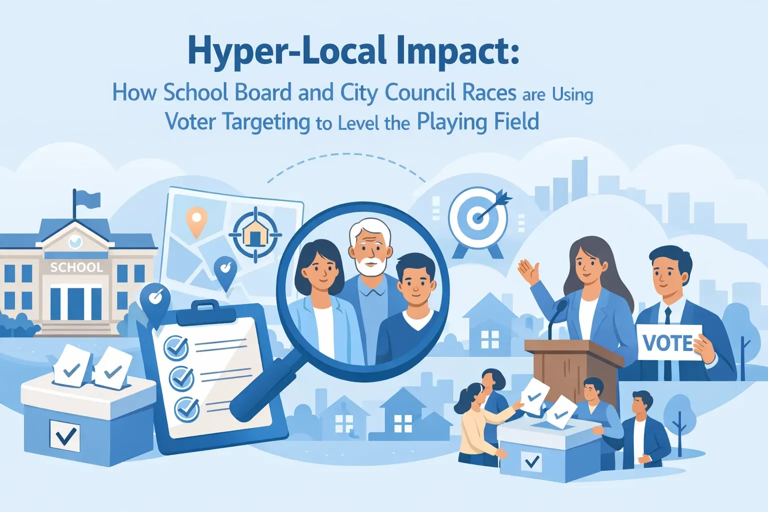 Infographic about hyper-local impact of voter targeting in school board and city council races, with illustrations.