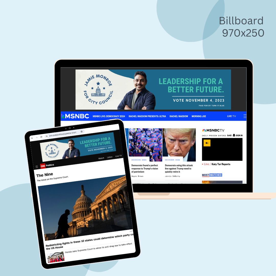 A laptop , tablet , and phone displaying a billboard for a better future.