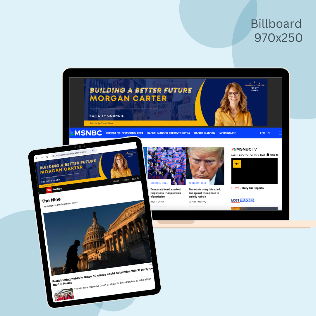 A billboard for morgan carter is displayed on a laptop and tablet.