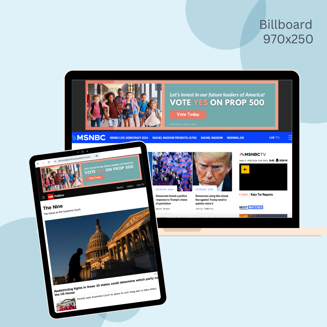 A tablet and a laptop with a billboard on the screen.
