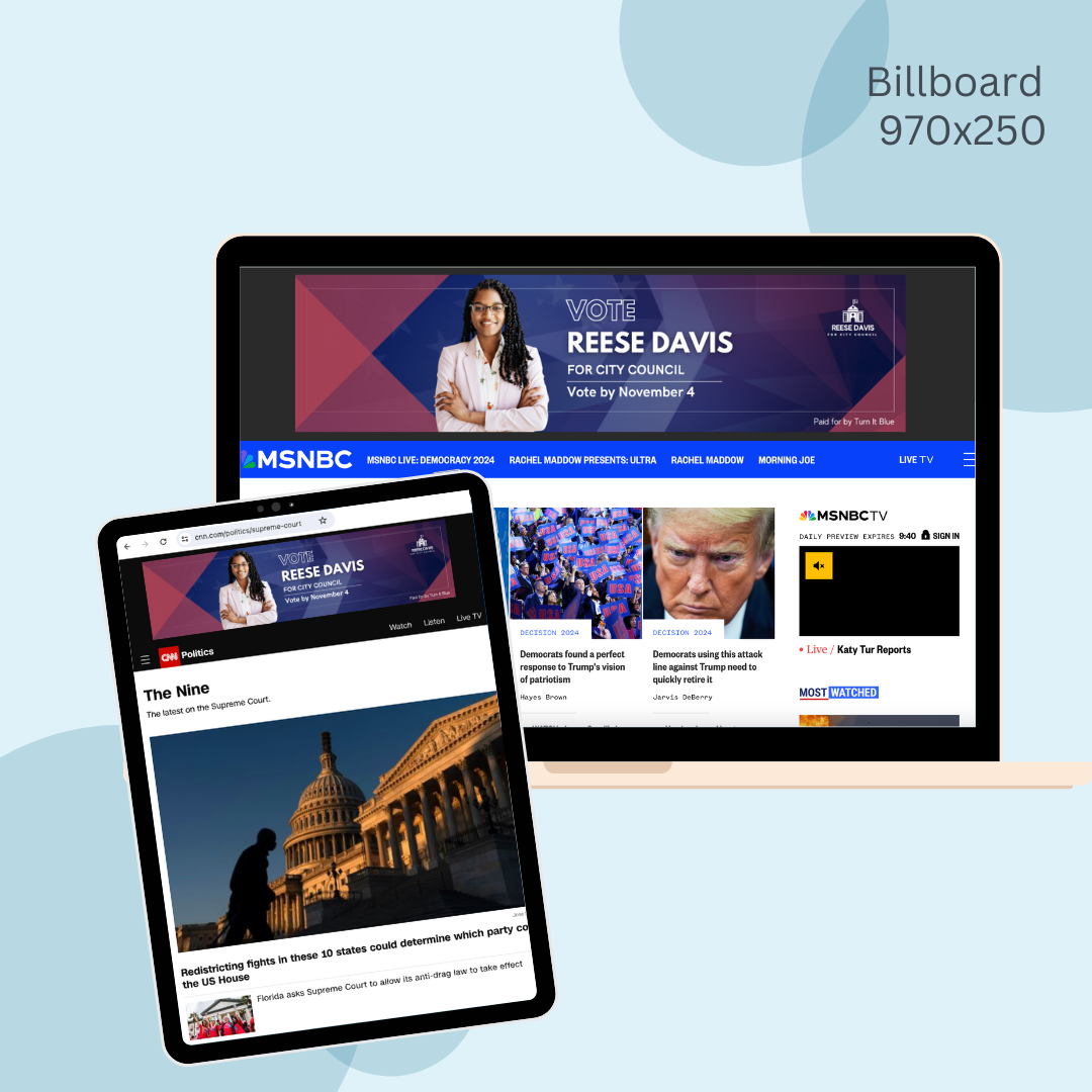 A tablet and a laptop with a billboard on the screen.