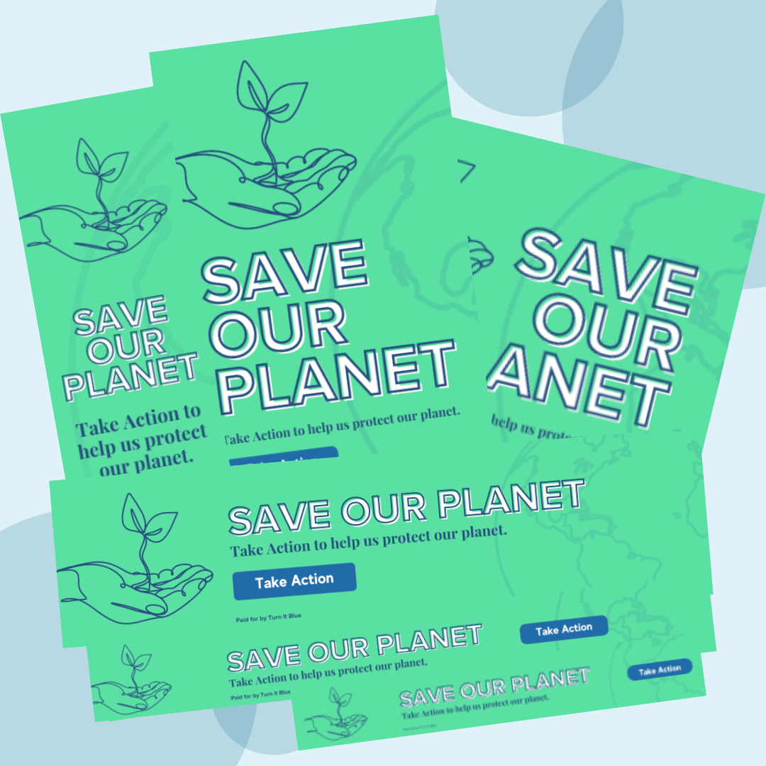 A stack of save our planet posters sitting on top of each other.