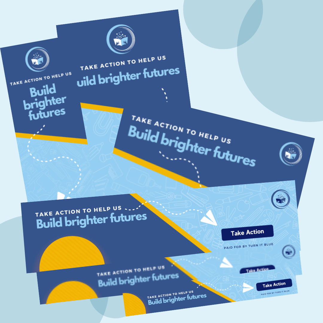 A bunch of cards that say take action to help us build brighter futures