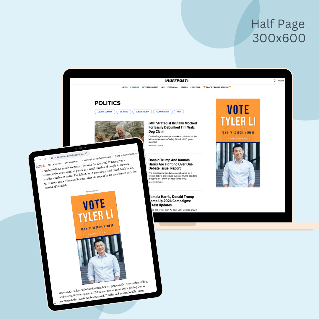 A half page ad for tyler li is on a laptop and tablet.