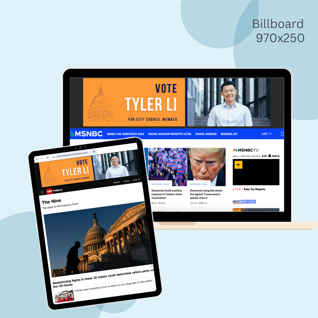 A billboard for tyler li is on a laptop and tablet.