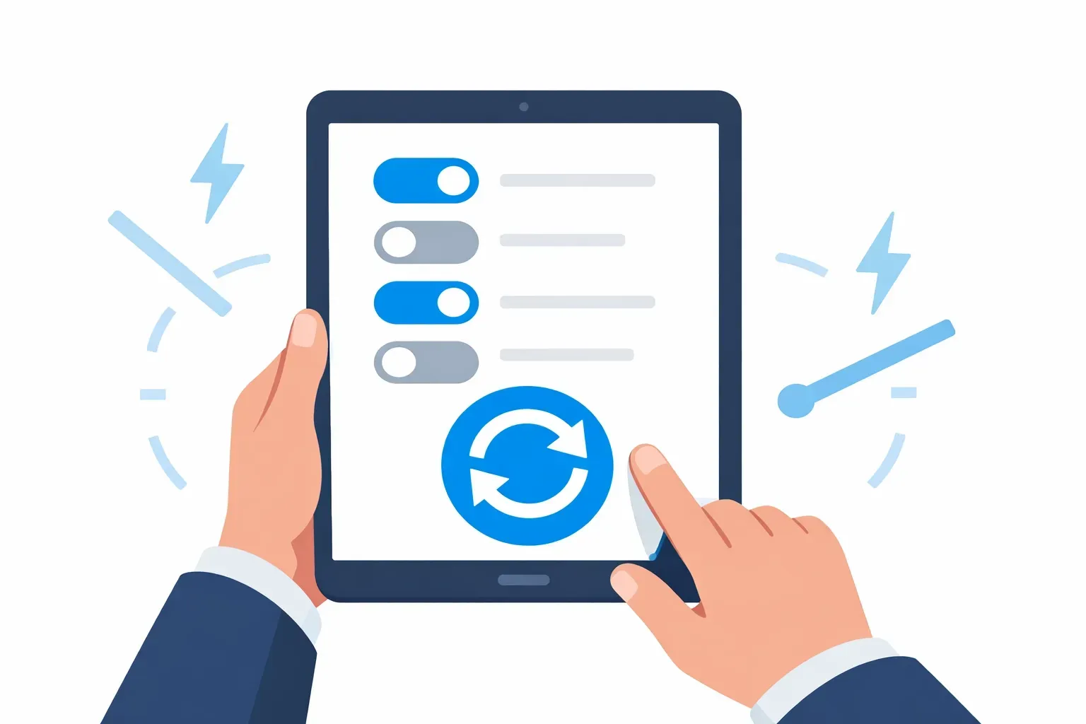 Hands holding a tablet and pressing a blue circular refresh icon, surrounded by graphic lightning bolt accents.