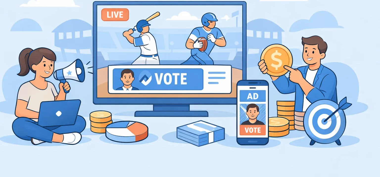 Targeted political ads on a TV showing a live sports game connecting to voters.