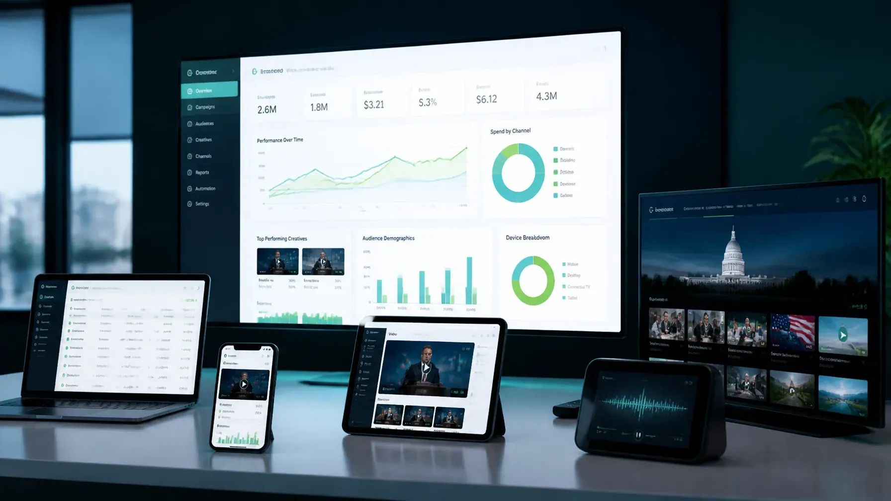Multiple devices on a desk displaying dashboards and analytics charts in a modern office setting