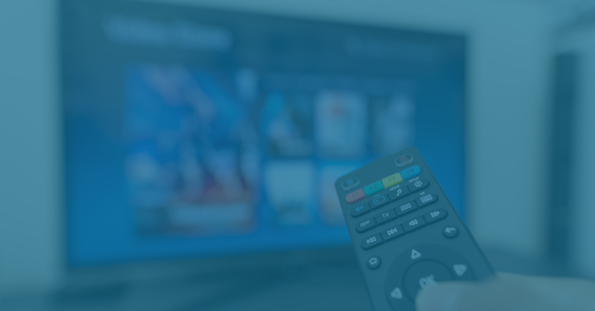 A person is holding a remote control in front of a television.