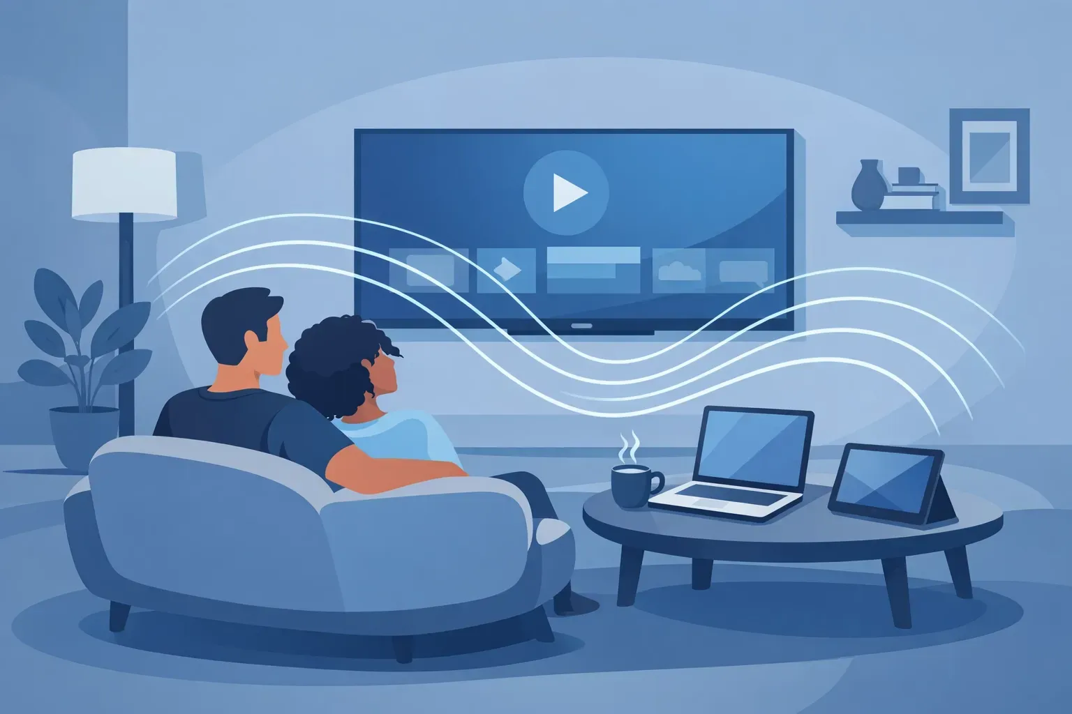 Two people sit on a couch in a dimly lit room, watching a large television while devices rest on a coffee table nearby.