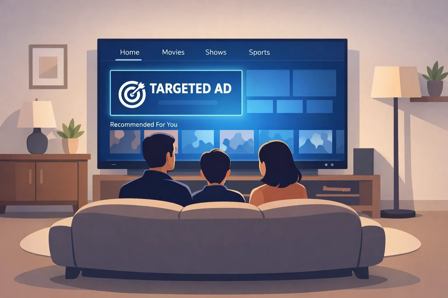 Family on a couch watching TV with a