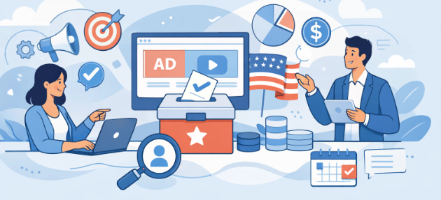 Illustration of people using tech and the US flag, suggesting political advertising and voting.