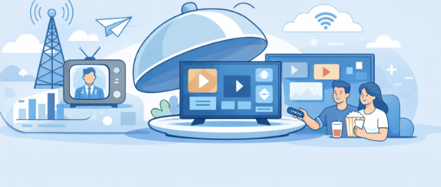 Illustration of television and streaming, with people enjoying content. Blue color scheme.