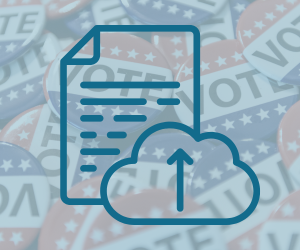 A blue icon of a paper and a cloud with an arrow pointing up.
